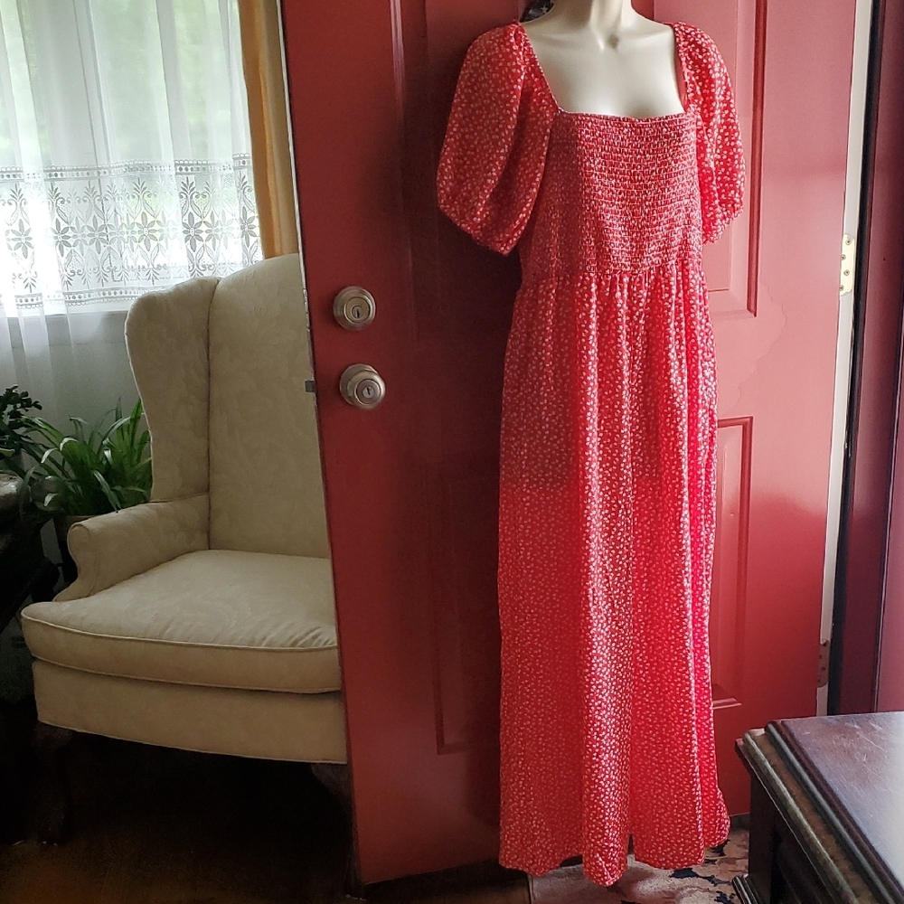 Red Puff-Sleeve Jumpsuit & Romper - Red Square-Neck Maxi